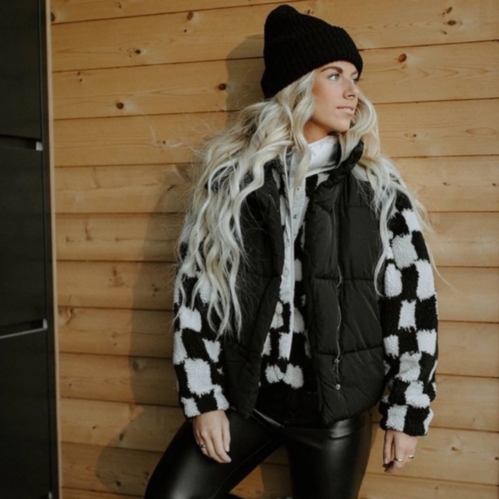 Free People Movement Rocky Ridge Fleece Black Checked Hit The Slopes Jacket